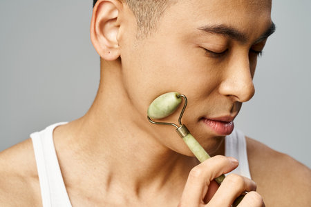 A handsome Asian man in a grey studio holding a jade rollerの写真素材