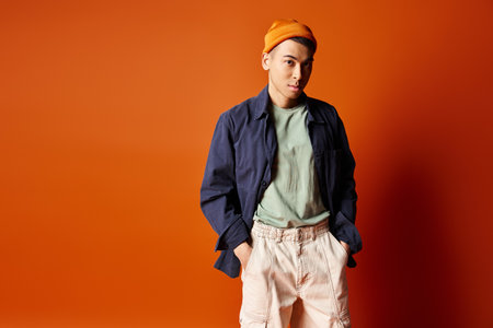 A young, handsome Asian man stands confidently in front of a vibrant orange wall in a stylish...