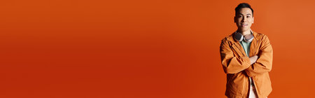 A handsome Asian man stands elegantly in stylish attire against a vibrant orange backdrop.