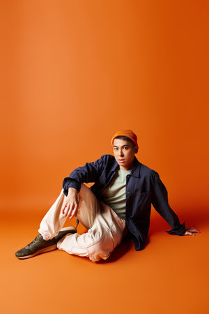 A stylish Asian man in a stylish attire peacefully sitting on the ground against an orange...