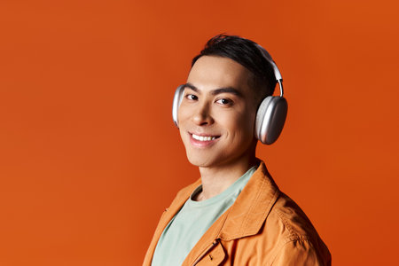 A stylish Asian man in handsome attire smiles while wearing headphones in a studio setting against an orange background.の写真素材