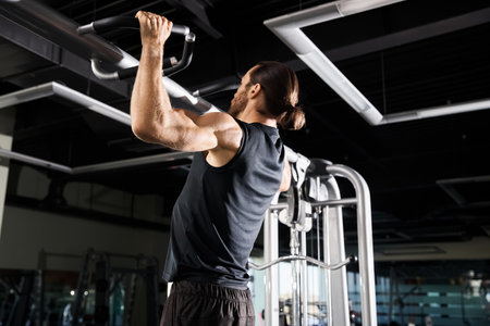 An athletic man in active wear lifts a bar in a gym, muscles flexed, showcasing strength and determination.の写真素材