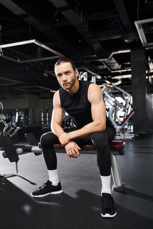 An athletic man in active wear sitting on a gym bench, taking a moment of rest during his workout session.の写真素材