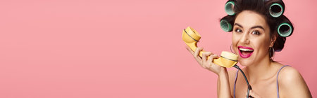 Stylish woman with curlers in her hair poses playfully with a retro phone.の写真素材