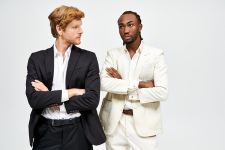 Two elegant men in stylish suits pose together.の写真素材