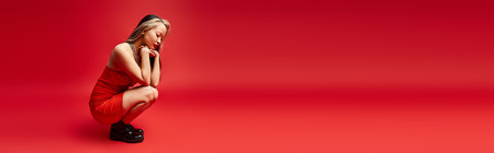 A vibrant Asian woman in a red dress sitting gracefully on a red floor.の写真素材