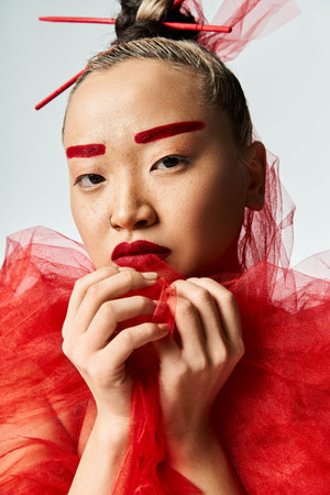 Asian woman in striking red makeup and dress posing energetically.