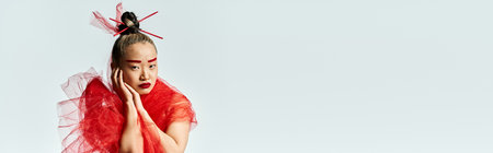 A vibrant Asian woman in a striking red dress posing with red veil.