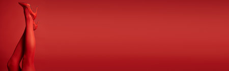 A young woman wearing red stockings and heels, showcasing her legs in a seductive poseの写真素材