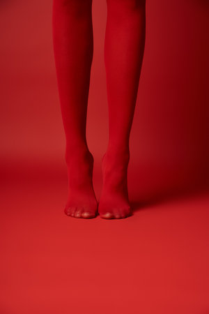 A young woman with vibrant red stockings striking a pose in a studio setting.の写真素材