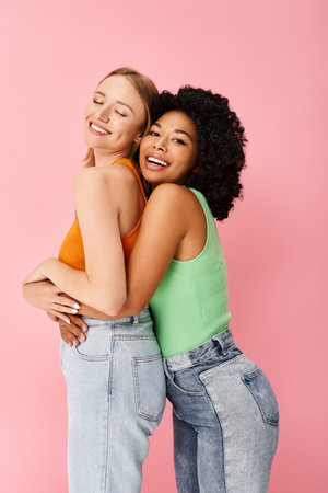 Two attractive diverse women wearing cozy casual attire hugging each other affectionately in front of a vivid pink backdrop.の写真素材