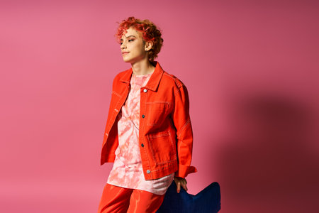 A woman with red hair posing on vibrant backdrop.の写真素材