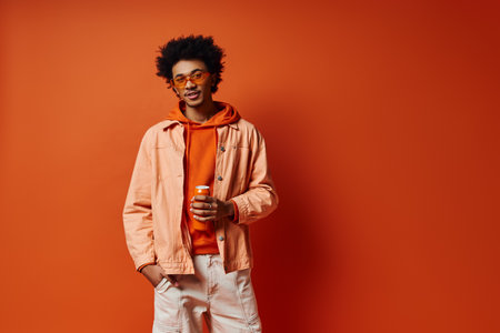 Stylish young African American man posing confidently in trendy orange jacket and white pants on a vibrant orange backdrop.の写真素材