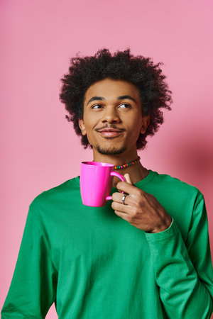 A cheerful, young African American man in casual wear holds a cup in front of his face against a pink background.の写真素材