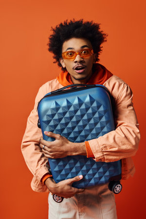 A stylish young African American man with curly hair holding a blue piece of luggage against an orange background.の写真素材