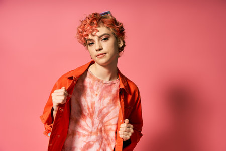 Extraordinary woman with red hair, dressed in an orange jacket, exudes bold style.