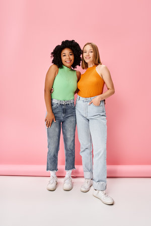 Two diverse women stand next to each other in front of a pink wall.