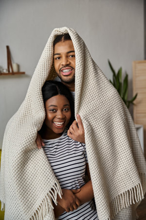 A loving African American couple shares a playful moment under a blanket at home.の写真素材