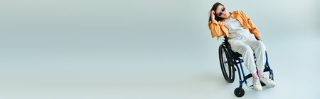 A young woman in a wheelchair leans back and smiles, her long hair cascading down her back.の写真素材