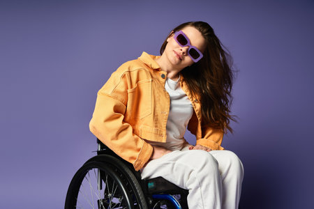A young woman with long brown hair wears sunglasses and trendy casual attire while sitting in a wheelchair against a purple background.の写真素材