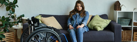 A young woman sits in her wheelchair, lost in thought, in a comfortable living room.の写真素材
