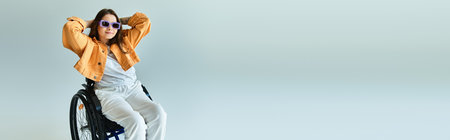 A young woman with dark hair in a wheelchair leans back against a grey backdrop, wearing sunglasses and a casual outfit.の写真素材