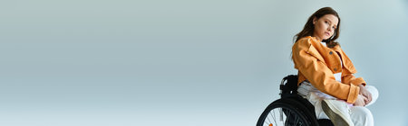 A young woman with long brunette hair sits in a wheelchair and looks thoughtfully at the camera.の写真素材