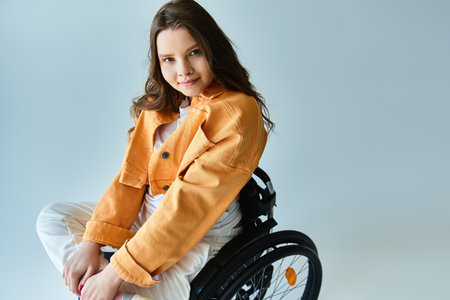 A young woman in a stylish casual outfit sits in a wheelchair against a grey background.の写真素材