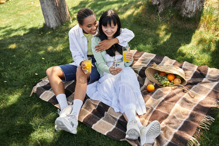 A young lesbian couple enjoys a sunny picnic in the park, embracing each other and sharing a refreshing drink.の写真素材