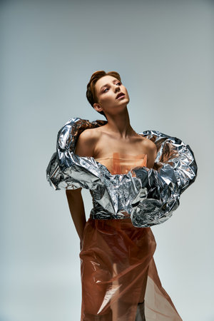 A woman poses in a studio, wearing a silver and orange ensemble crafted from sustainable materials.の写真素材