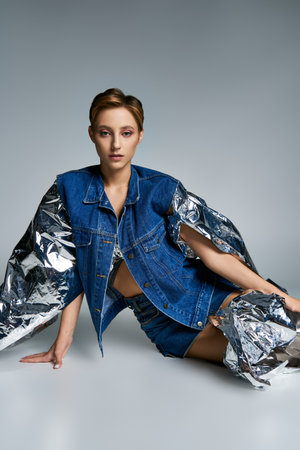 A woman in a denim jacket and shorts poses with silver foil accents.