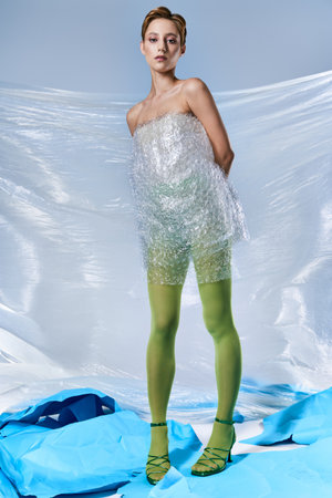A woman stands with a plastic bubble wrap dress and green tights.