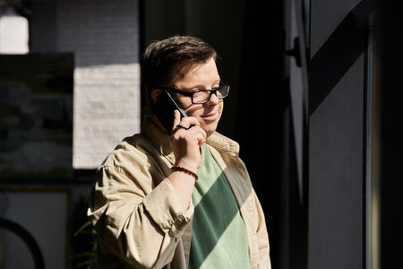 Young man with Down syndrome in glasses talks on cell phone by window