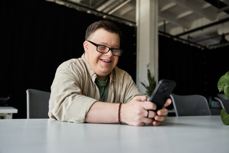 A young man with Down syndrome smiles while using his phone at a table.