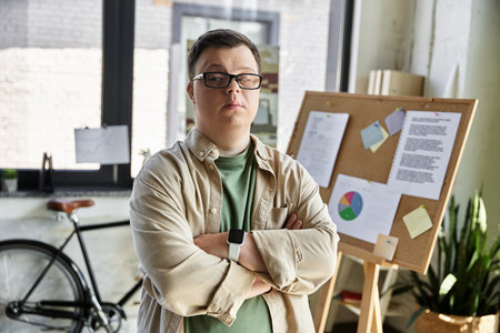 Confident young man with Down syndrome in office, arms crossed, facing camera