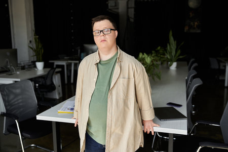 A young man with Down syndrome stands confidently in an office.の写真素材