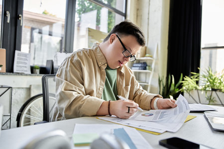 A man with Down syndrome reviews documents in office, writin notesの写真素材