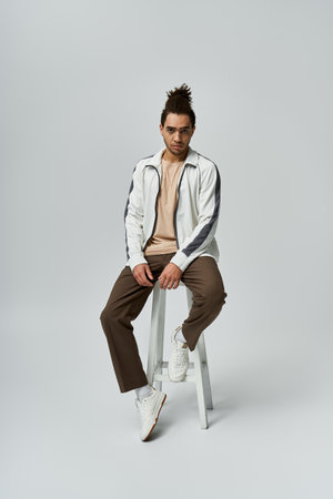 A young African American man sits casually on a white stool, wearing a white jacket and brown pants,...
