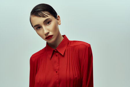 A beautiful young woman with short hair, dressed in a vibrant red shirt, poses confidently against a grey background.の写真素材