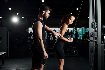 personal trainer works with a brunette sportswoman in the gym, demonstrating exercises and providing...