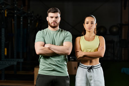 A male trainer teaching self-defense techniques to a woman in a gym, both standing confidently next to each other.の写真素材