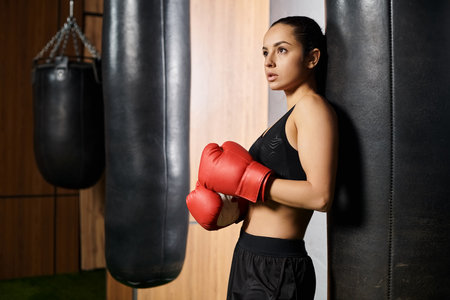 A confident brunette sportswoman in active wear stands next to a punching bag wearing red boxing gloves, ready for a intense workout.の写真素材