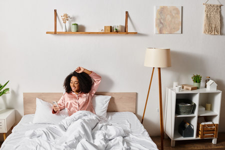 A curly African American woman in pajamas rests peacefully on a bed with white sheets in her bedroom.の写真素材