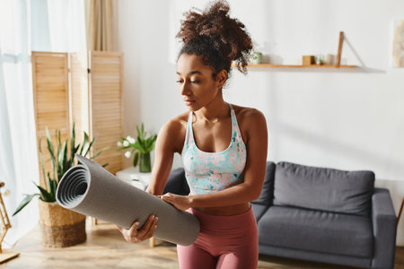 Curly African American woman in active wear stands in a living room, grasping a vibrant yoga mat.の写真素材