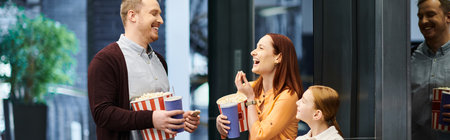 A happy family stands inside of a cinema building.