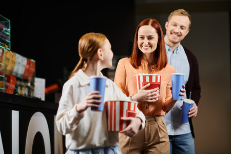 A happy family stands together in the cinema, enjoying each others company.