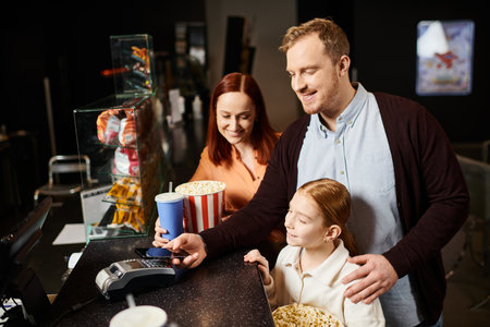 A father and his daughter happily enjoy popcorn at a table during a fun family movie night at the cinema.の写真素材