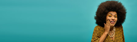 Stylish African American woman in trendy attire expressing surprise.の写真素材