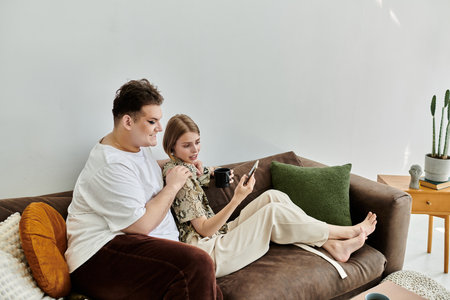 Two friends share laughter and warmth while engaging with their devices.の写真素材