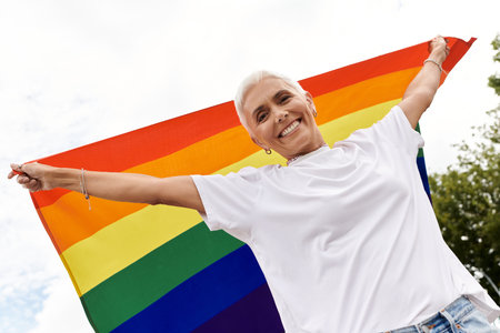 A joyful presence embraces a vibrant rainbow flag against a bright sky.